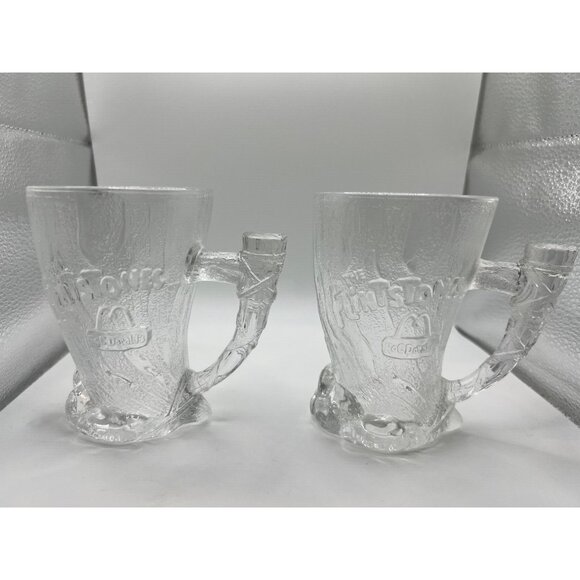 Set of 2 McDonald's Flintstones Mammoth Frosted Clear Mugs RocDonalds 1993 - Picture 1 of 9